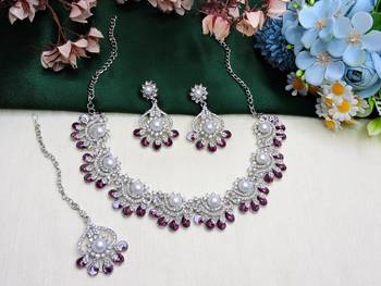 Purple rhodium premium designer american diamond and stone work necklace set 2