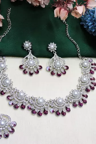 Purple rhodium premium designer american diamond and stone work necklace set