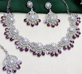 Purple rhodium premium designer american diamond and stone work necklace set 3