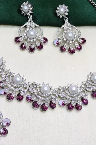 Purple rhodium premium designer american diamond and stone work necklace set