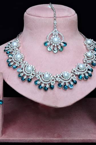 Blue rhodium premium designer american diamond and stone work necklace set