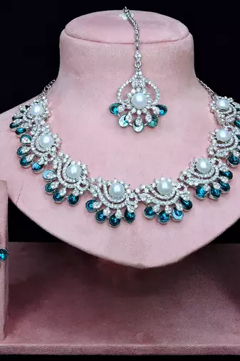 Blue rhodium premium designer american diamond and stone work necklace set