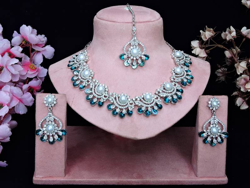 Blue rhodium premium designer american diamond and stone work necklace set