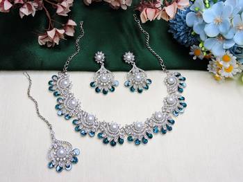 Blue rhodium premium designer american diamond and stone work necklace set 2