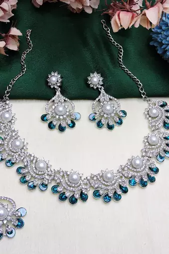 Blue rhodium premium designer american diamond and stone work necklace set