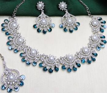 Blue rhodium premium designer american diamond and stone work necklace set 3