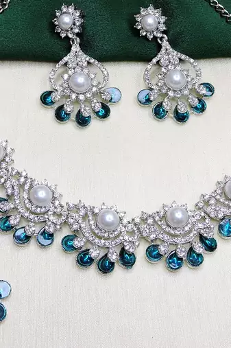 Blue rhodium premium designer american diamond and stone work necklace set