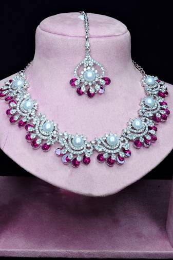 Pink rhodium premium designer american diamond and stone work necklace set