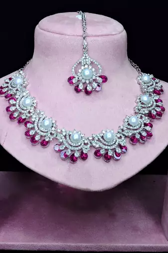 Pink rhodium premium designer american diamond and stone work necklace set