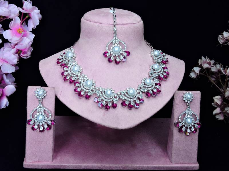 Pink rhodium premium designer american diamond and stone work necklace set
