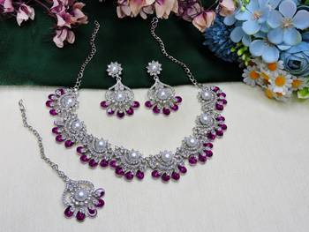 Pink rhodium premium designer american diamond and stone work necklace set 2