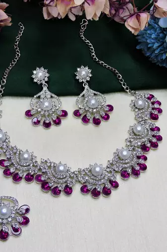 Pink rhodium premium designer american diamond and stone work necklace set