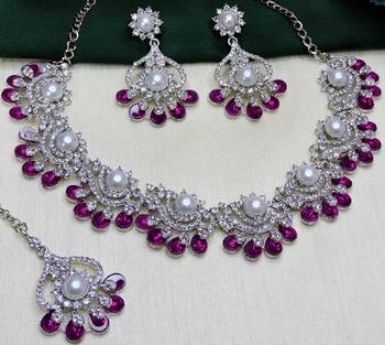Pink rhodium premium designer american diamond and stone work necklace set 3