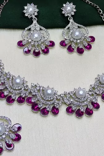 Pink rhodium premium designer american diamond and stone work necklace set