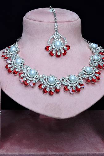 Red rhodium premium designer american diamond and stone work necklace set