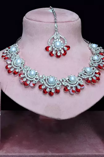 Red rhodium premium designer american diamond and stone work necklace set