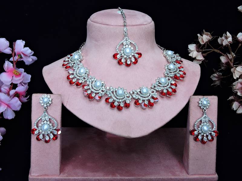 Red rhodium premium designer american diamond and stone work necklace set
