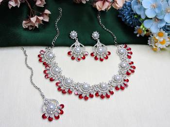 Red rhodium premium designer american diamond and stone work necklace set 2