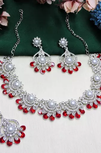 Red rhodium premium designer american diamond and stone work necklace set