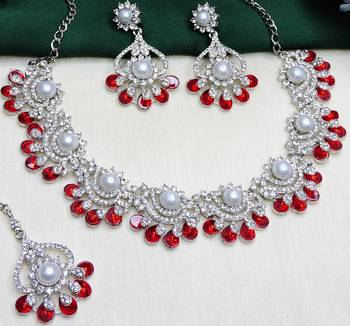 Red rhodium premium designer american diamond and stone work necklace set 3