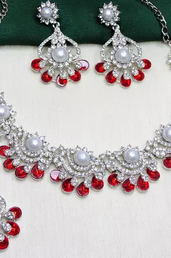 Red rhodium premium designer american diamond and stone work necklace set
