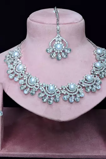 White rhodium premium designer american diamond and stone work necklace set