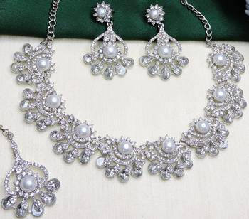White rhodium premium designer american diamond and stone work necklace set 2