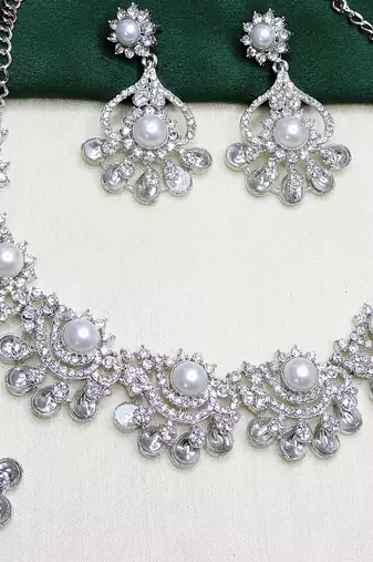 White rhodium premium designer american diamond and stone work necklace set