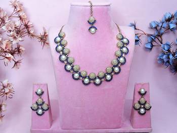Blue yellow gold premium designer american diamond and stone work necklace set 1