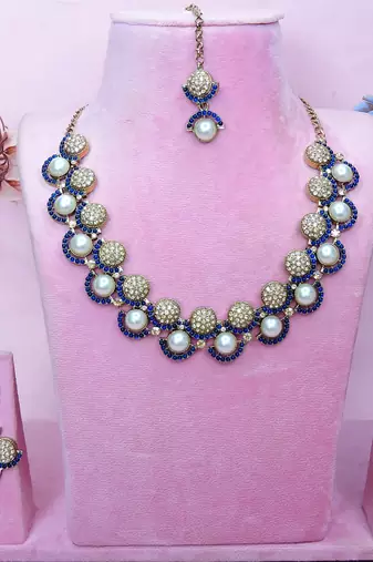 Blue yellow gold premium designer american diamond and stone work necklace set