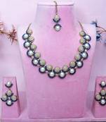 Blue yellow gold premium designer american diamond and stone work necklace set