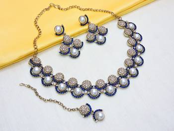 Blue yellow gold premium designer american diamond and stone work necklace set 2