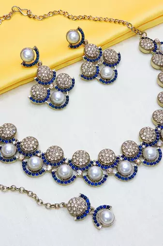 Blue yellow gold premium designer american diamond and stone work necklace set