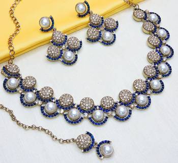 Blue yellow gold premium designer american diamond and stone work necklace set 3