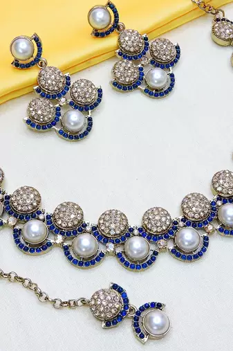 Blue yellow gold premium designer american diamond and stone work necklace set