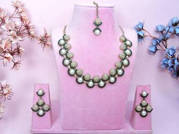 Green yellow gold premium designer american diamond and stone work necklace set 1
