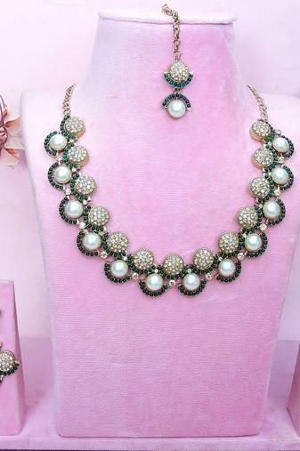 Green yellow gold premium designer american diamond and stone work necklace set
