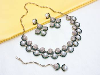 Green yellow gold premium designer american diamond and stone work necklace set 2
