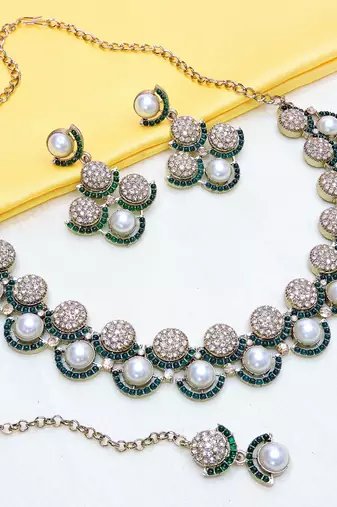 Green yellow gold premium designer american diamond and stone work necklace set