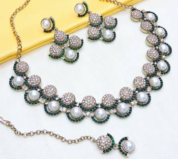 Green yellow gold premium designer american diamond and stone work necklace set 3