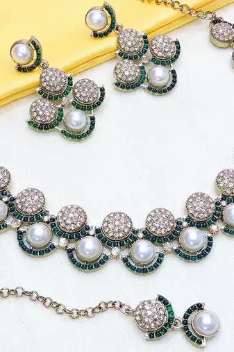 Green yellow gold premium designer american diamond and stone work necklace set