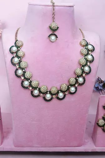 Green yellow gold premium designer american diamond and stone work necklace set