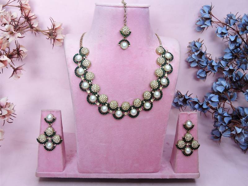 Green yellow gold premium designer american diamond and stone work necklace set