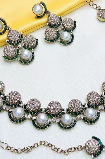 Green yellow gold premium designer american diamond and stone work necklace set