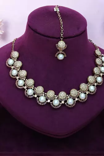 Purple yellow gold premium designer american diamond and stone work necklace set