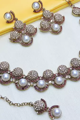 Purple yellow gold premium designer american diamond and stone work necklace set