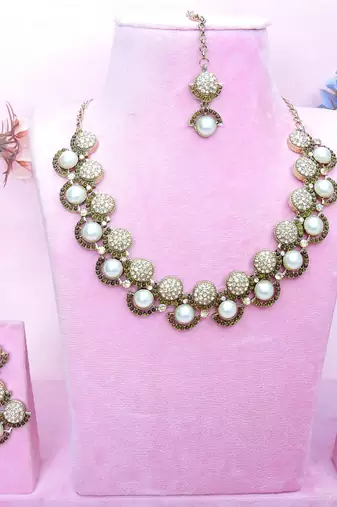 Green yellow gold premium designer american diamond and stone work necklace set
