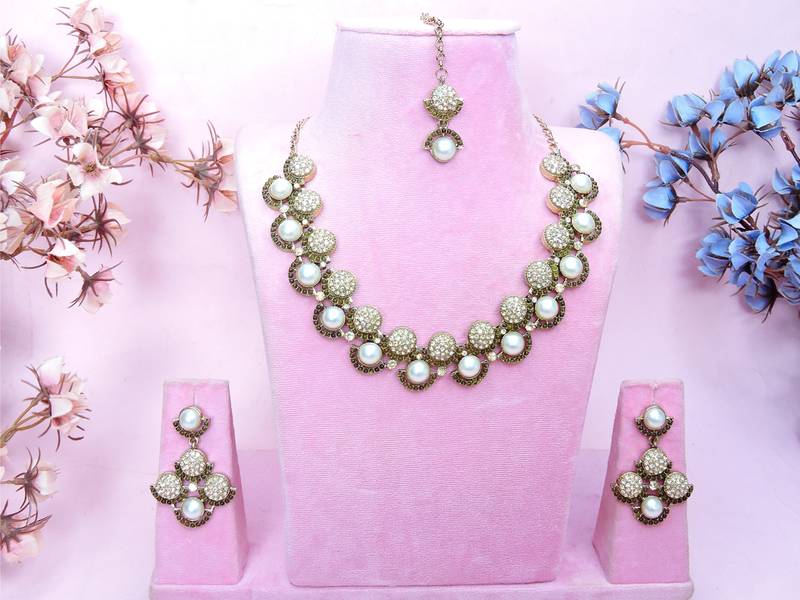 Green yellow gold premium designer american diamond and stone work necklace set