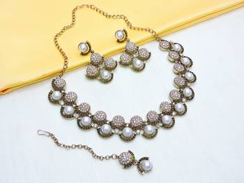 Green yellow gold premium designer american diamond and stone work necklace set 2