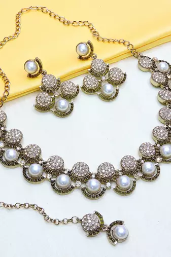 Green yellow gold premium designer american diamond and stone work necklace set